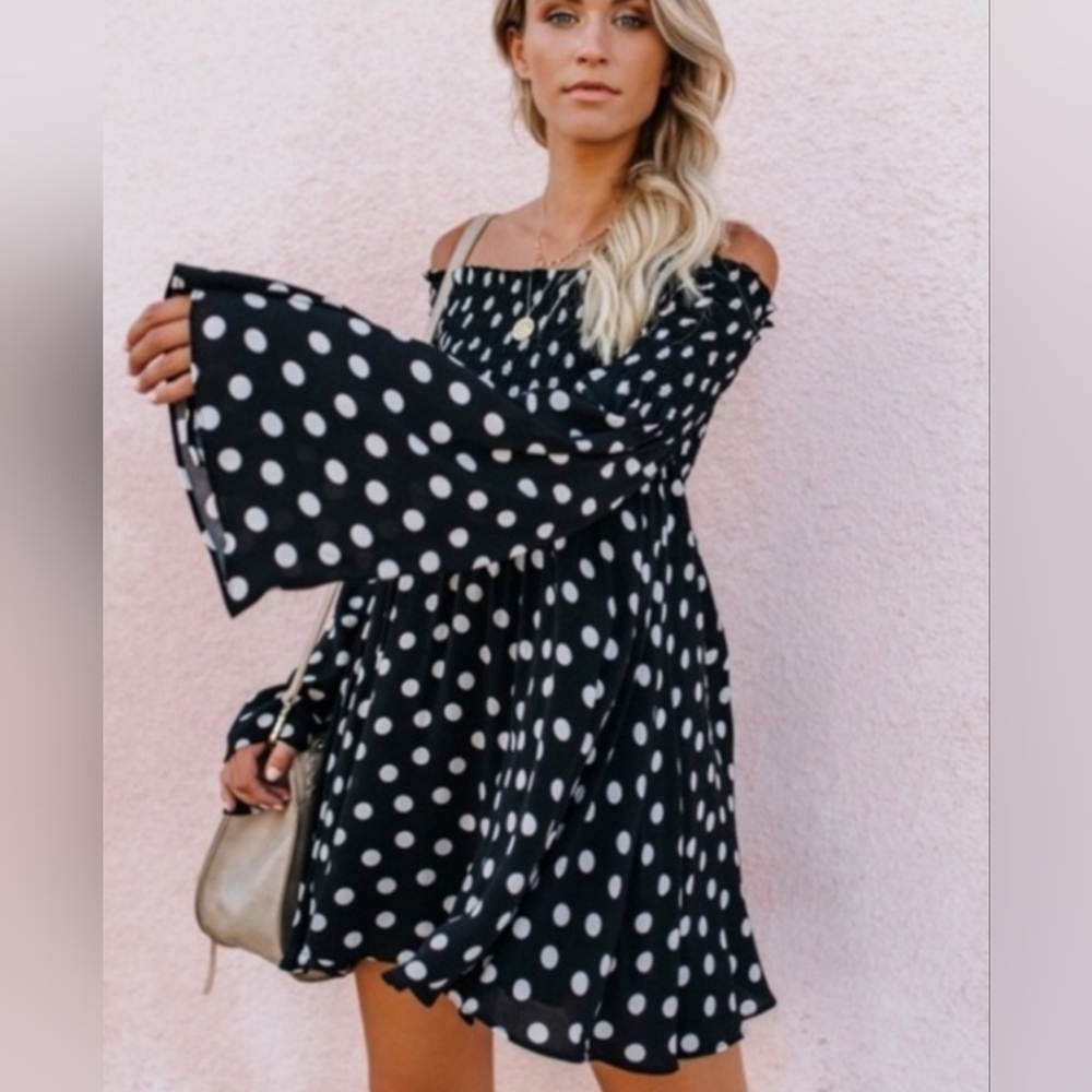 Vici Black and White Polka Dot Long Sleeve Dress